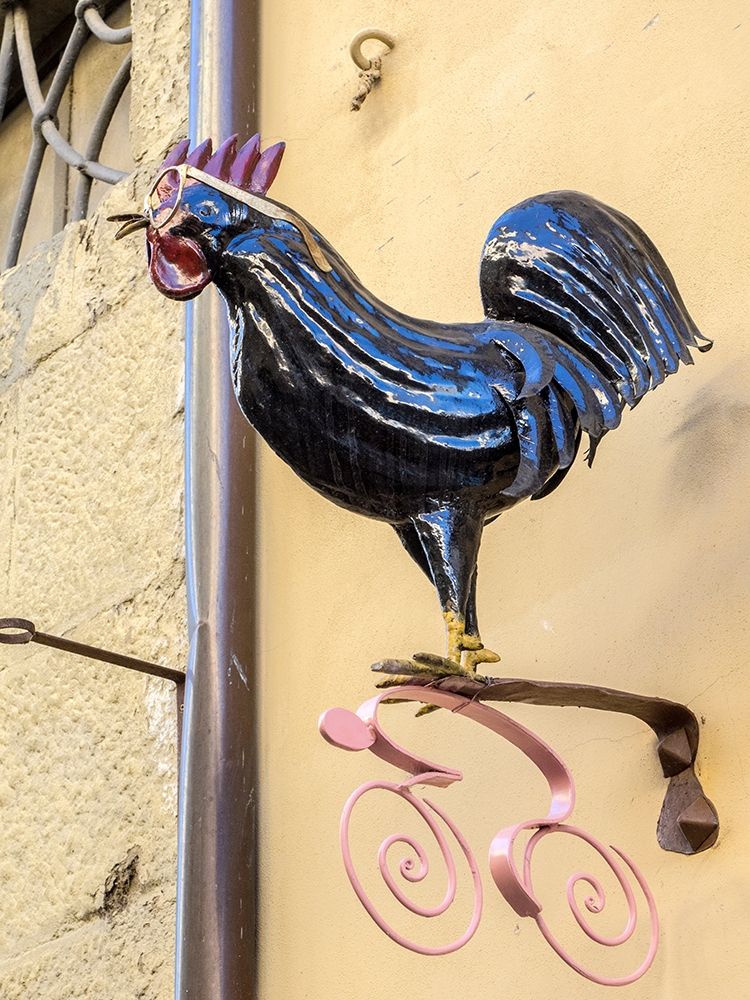 Italy-Chianti Rooster with glasses above a shop in Radda in Chianti art print by Julie Eggers for $57.95 CAD